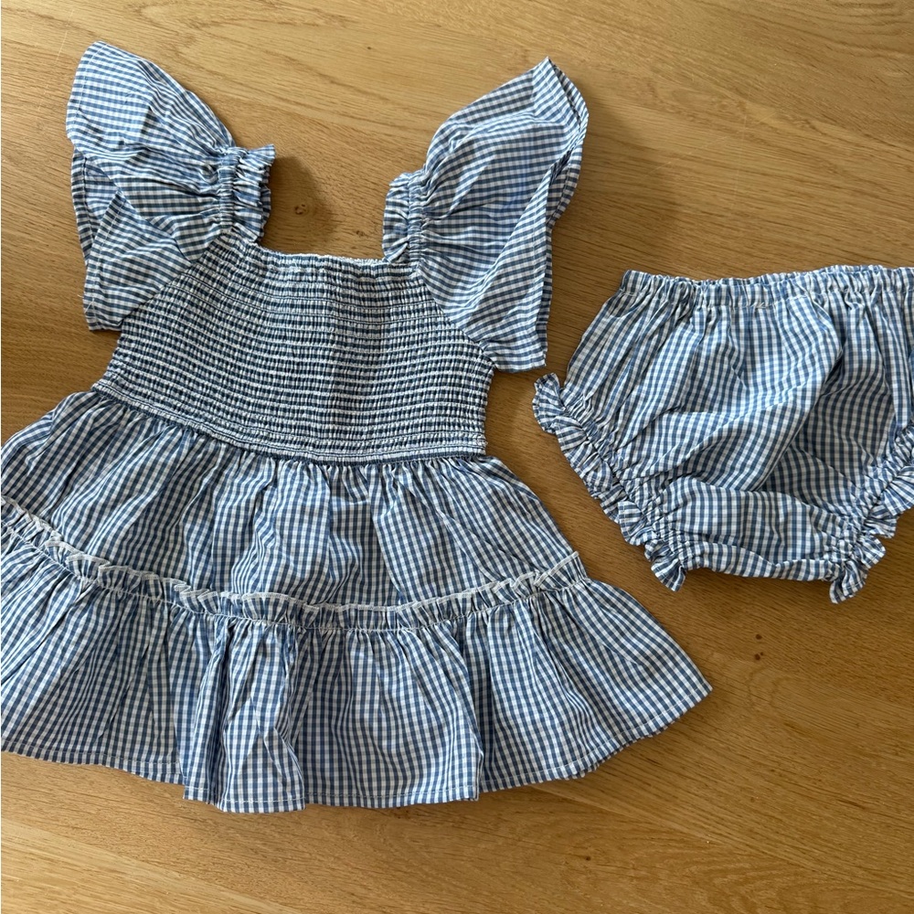 Ivy City Co Blue and White Gingham Girls Dress with Bloomers